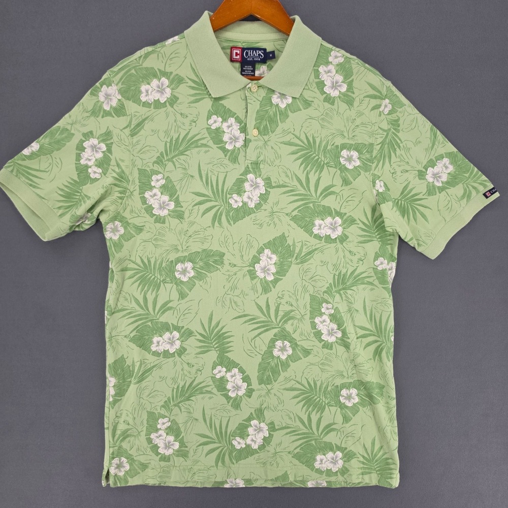 Chaps Mens Green Tropical Hibiscus Floral Palm Print Cotton Polo Shirt Medium